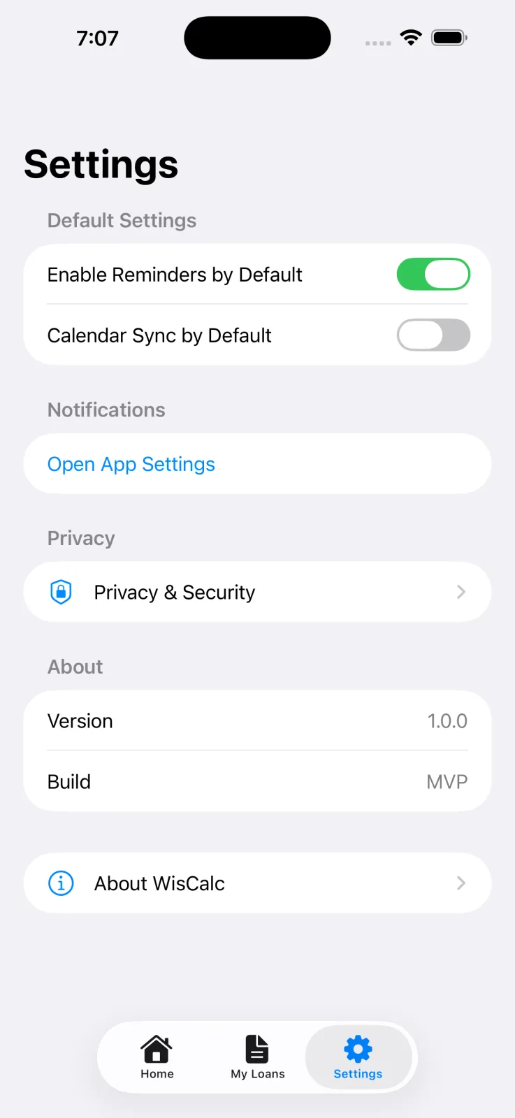 Reminder, calendar, and privacy settings